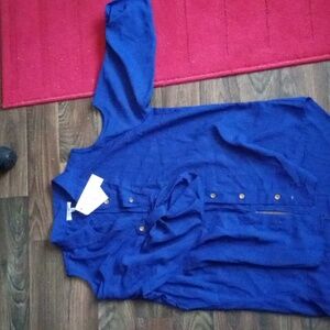 Cobalt blue, cold shoulder button down
